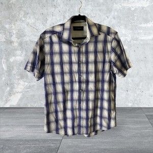 J. Campbell Los Angeles Short Sleeve Dress Shirt M 100% Cotton EUC Wht./Blue